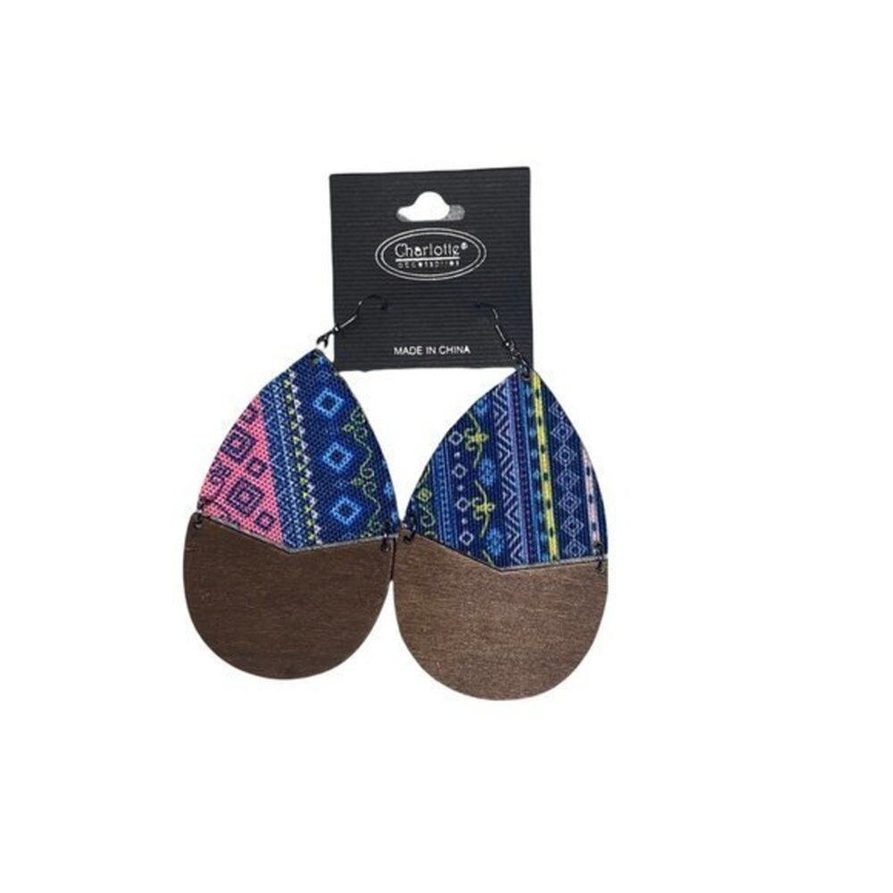 NWT Wooden Fabric Covered Boho Aztec Dangle Earrings Blue Pink